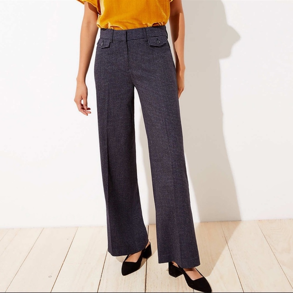 Loft •Houndstooth High Waist Wide Leg Curvy Trouser Navy Plaid NWOT